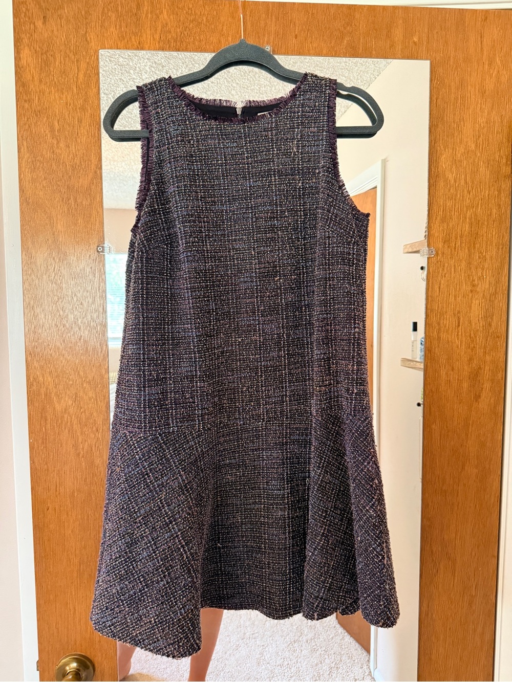 Loft Plaid Tweed Sleeveless Fringe Shift Dress Medium